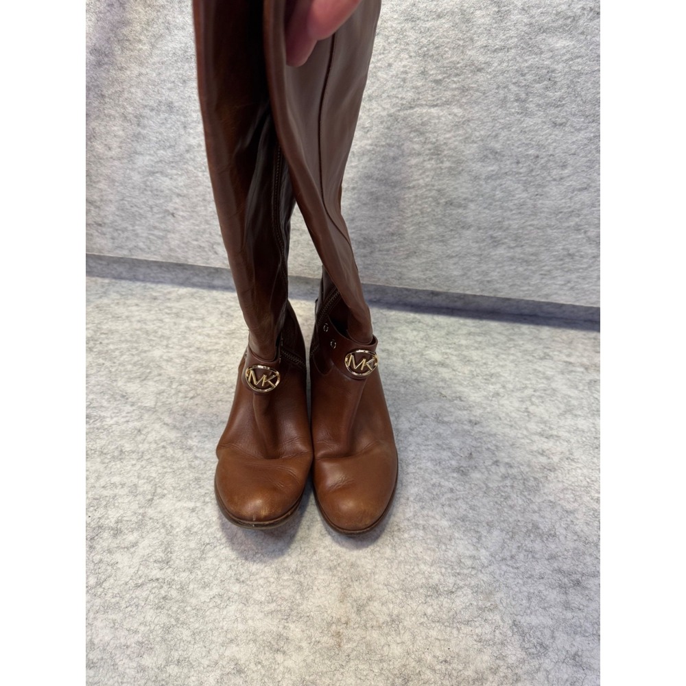 Michael Kors Tan Leather Riding Boots Brown Buckle Logo Womens 5.5 Knee High Zip